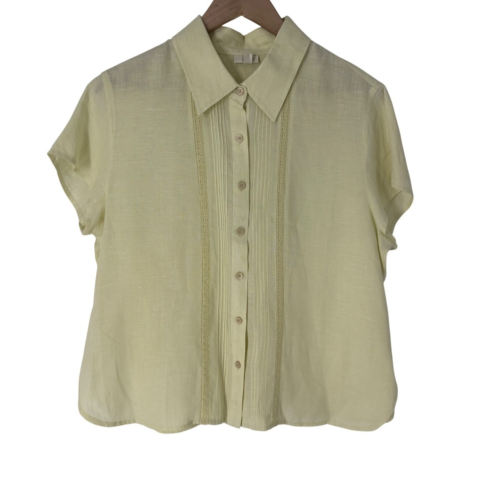 J. Jill Pale Yellow Vintage Linen Pintuck Eyelet Short Sleeve Top L Lace Cottage